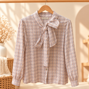 blusa de cuadros con lazo en estudio acogedor